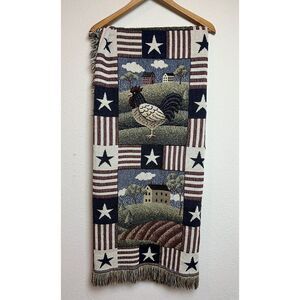 Vintage Americana Country Barn Tapestry Fringe Throw Blanket Farm Pig Cow Silo‎